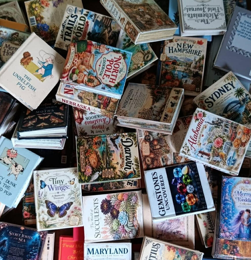 A pile of 1:12 scale dollhouse miniature printed books.
