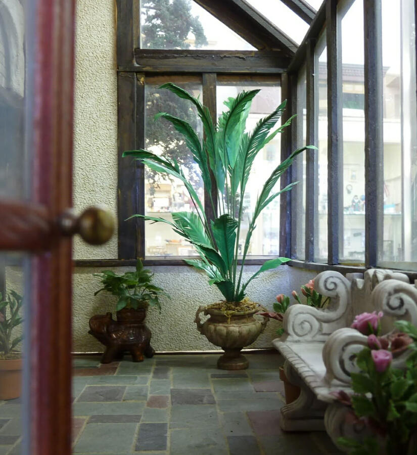Wylde Kingdom Miniatures A 1:12 scale dollhouse miniature sunroom with a large, green plant.